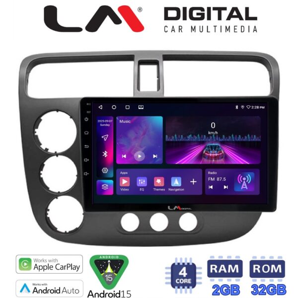LM Digital - LM ZA4373 GPS Οθόνη OEM Multimedia Αυτοκινήτου για Honda Civic 4πορτο 2001 > 2006 (CarPlay/AndroidAuto/BT/GPS/WIFI) - Image 1
